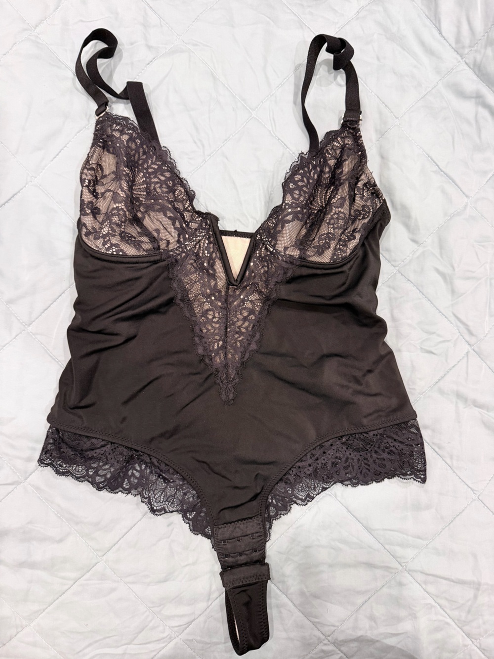 Black Floral Lace V-Neck Thong Bodysuit Shapewear Size M